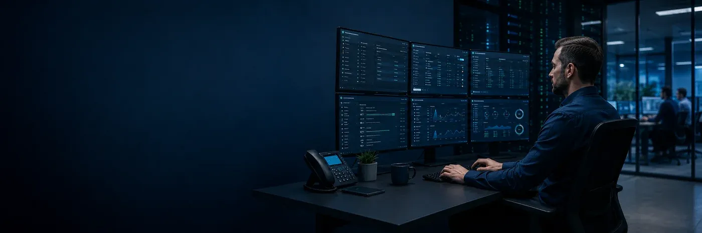 IT-Administrator überwacht Systeme an mehreren Bildschirmen
