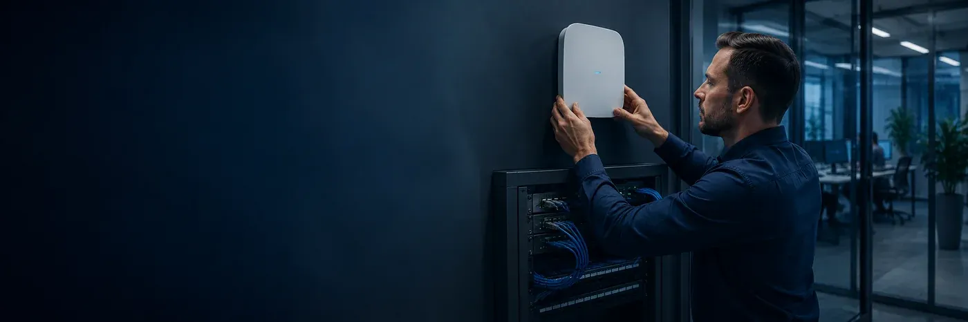 Techniker montiert einen WLAN-Accesspoint an der Wand