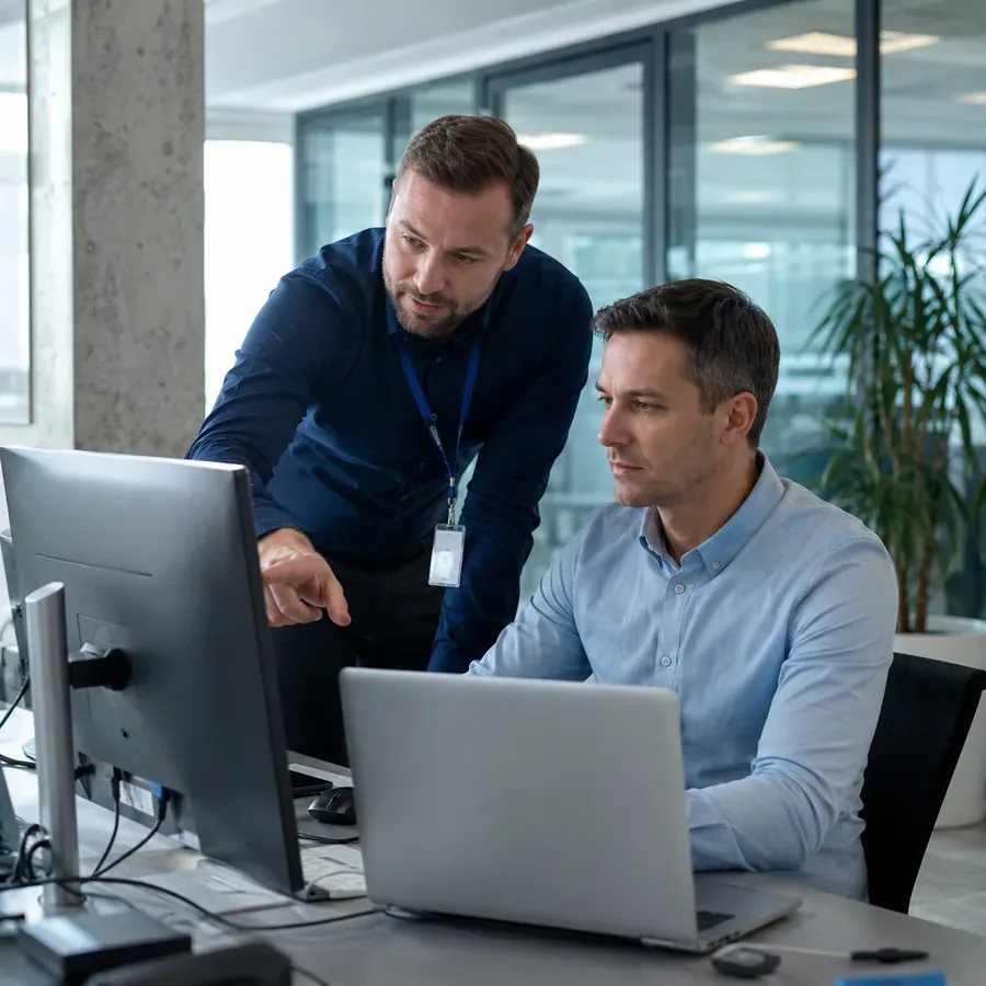 IT-Berater erklärt einem Mitarbeiter etwas am Laptop